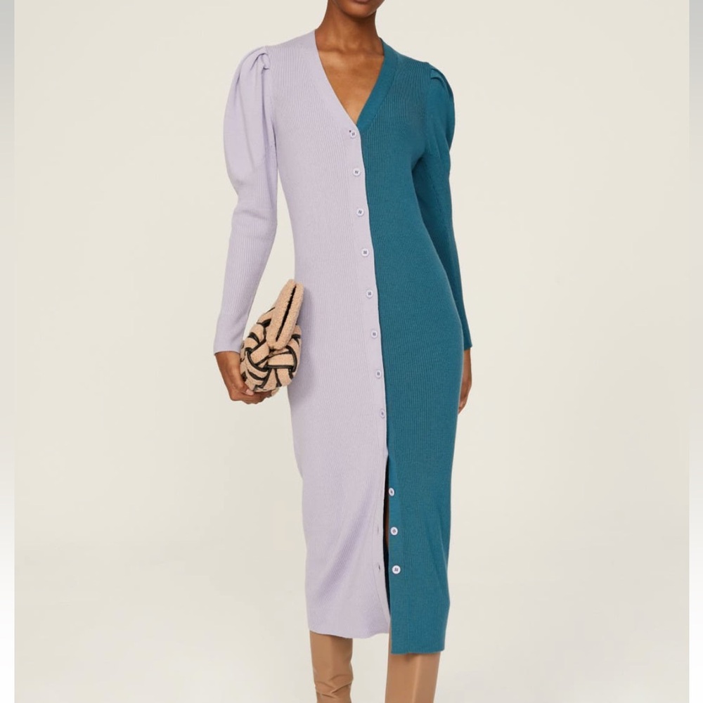 Purple V-Neck Sheath Dress with Bishop Sleeves
